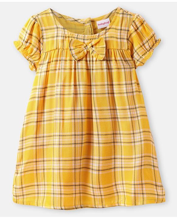 Babyhug Viscose Woven Half Puffed Sleeves Checkered Frock with Bloomer Headband & Bow Applique - Yellow