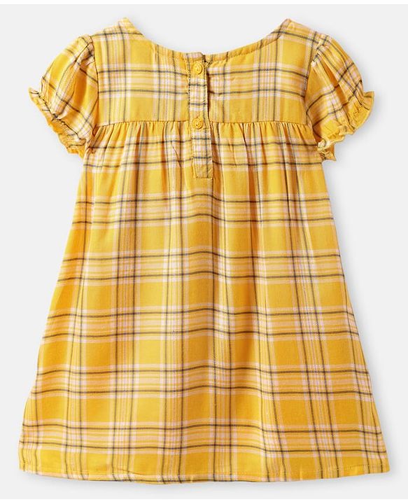 Babyhug Viscose Woven Half Puffed Sleeves Checkered Frock with Bloomer Headband & Bow Applique - Yellow