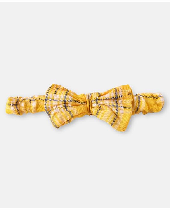 Babyhug Viscose Woven Half Puffed Sleeves Checkered Frock with Bloomer Headband & Bow Applique - Yellow