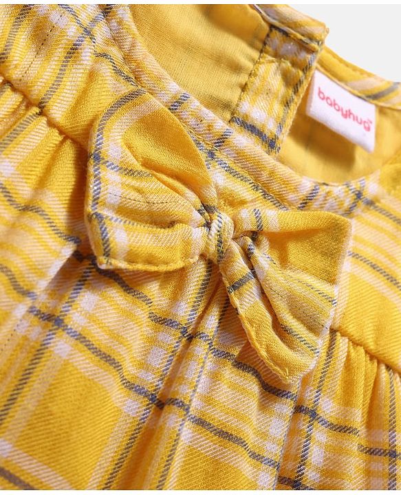 Babyhug Viscose Woven Half Puffed Sleeves Checkered Frock with Bloomer Headband & Bow Applique - Yellow