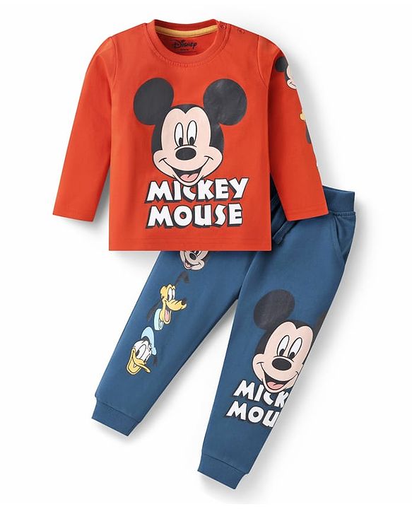 Babyhug Disney  Single Jersey Knit Full Sleeves T-Shirt & Lounge Pants Set With Mickey Mouse & Friends Graphics -  Rust Orange & Blue