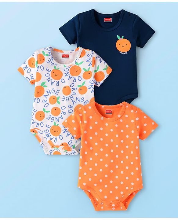 Babyhug 100% Cotton Knit Half Sleeves Tangerine Printed Onesies  Pack of 3 - Orange White & Black