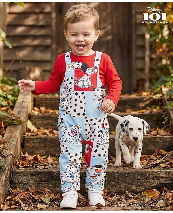 Babyhug Disney Terry Knit Dungaree & Full Sleeves T-Shirt With 101 Dalmatians Graphics - White & Red