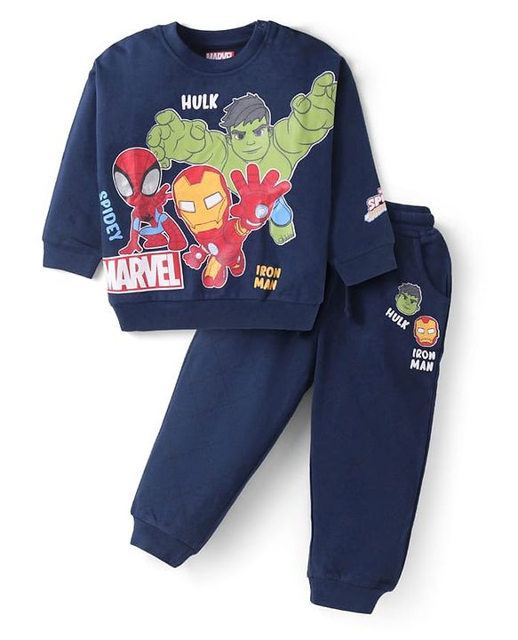 Babyhug Marvel Terry Knit Full Sleeves T-Shirt & Lounge Pant Set With Avengers Graphics - Navy Blue