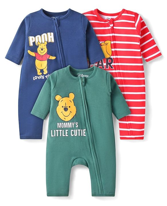 Babyhug Disney Interlock Knit Full Sleeves Rompers with Winnie the Pooh Graphics Pack of 3 - Red Green & Blue