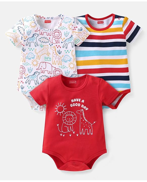 Babyhug Interlock Knit Half Sleeves Onesies With Animal Print Pack of 3 - Red & White