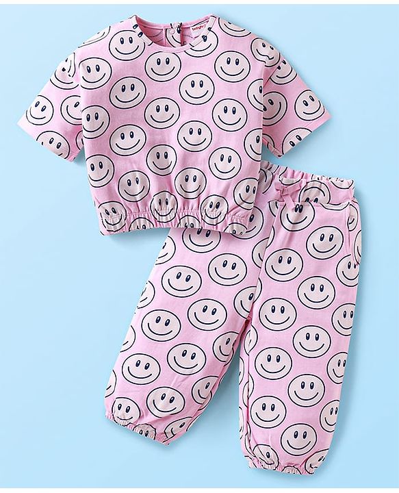Babyhug Terry Knit Half Sleeves T-Shirt & Lounge Pants Set with Smiley Prints - Pink