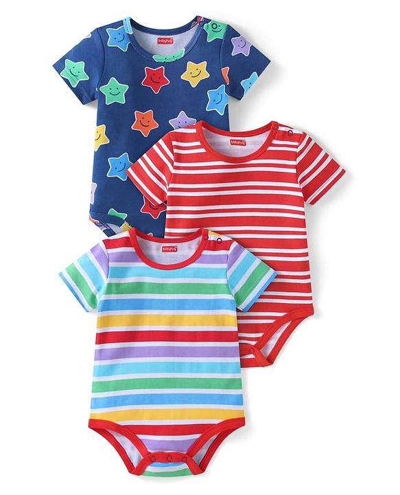 Babyhug 100% Cotton Knit Half Sleeves Onesies with Stripes & Star Design Pack of 3 - Navy Blue & Red