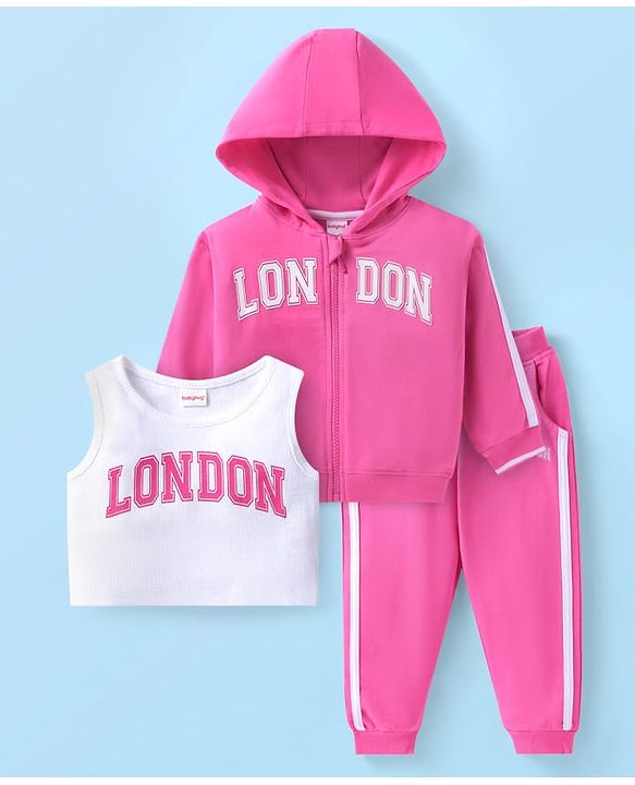 Babyhug Terry Knit Full Sleeves Text Print Hooded  Sweat Jacket & Taped Lounge Pant with Inner T-Shirt - Pink & White