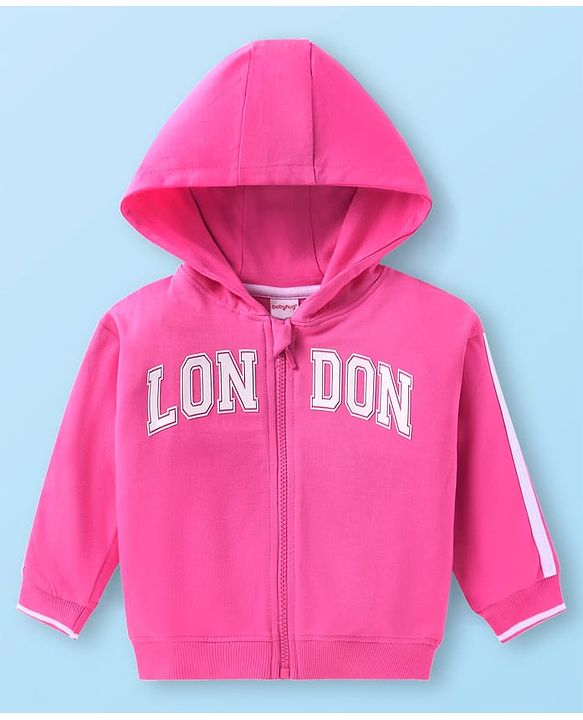 Babyhug Terry Knit Full Sleeves Text Print Hooded  Sweat Jacket & Taped Lounge Pant with Inner T-Shirt - Pink & White