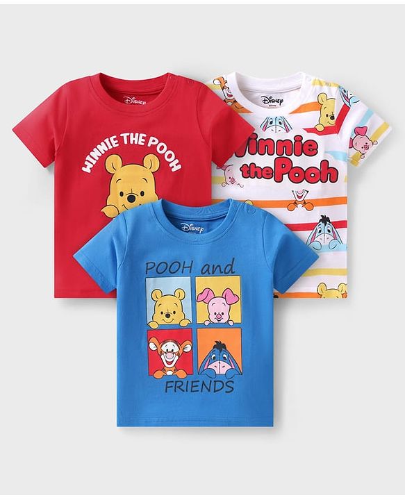 Babyhug Disney Single Jersey Knit Half Sleeve T-shirt With Winnie & Friends Graphic Pack Of 3 - Red Blue & White