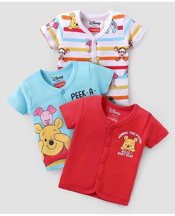 Babyhug Disney Interlock Knit Half Sleeves Jhablas With Winnie The Pooh & Friends Graphics Pack of 3 - Red Blue & White