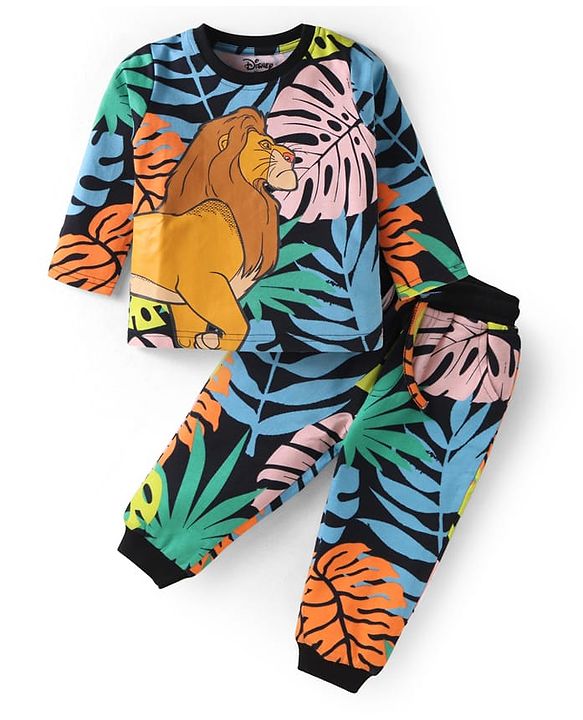 Babyhug Disney Terry Knit Full Sleeves T-Shirt & Lounge Pant Set With Lion King Graphics - Black