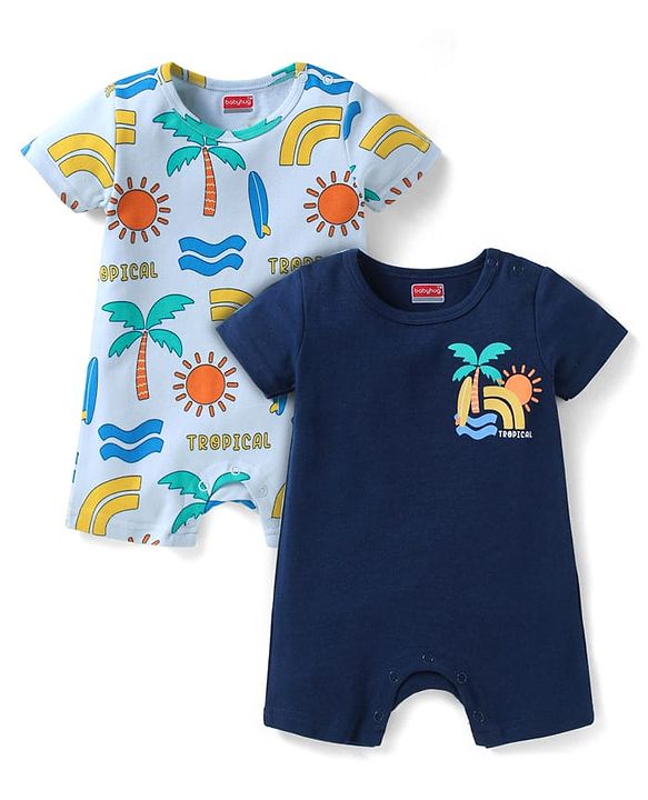 Babyhug 100% Cotton Knit Half Sleeves Rompers with Tropical Beach Theme Print Pack of 2 - Light & Navy Blue