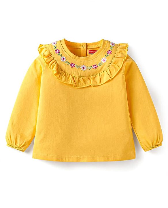 Babyhug Cotton Knit Full Sleeves Top with Floral Embroidery & Frill Detailing - Yellow