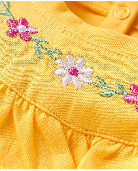 Babyhug Cotton Knit Full Sleeves Top with Floral Embroidery & Frill Detailing - Yellow