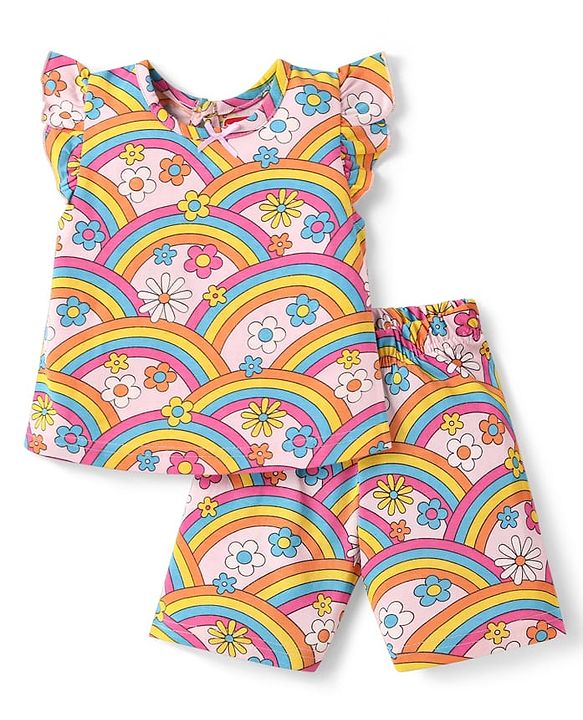 Babyhug  Single Jersey Knit Frill Sleeves Capri Night Suit With Floral & Rainbow Print - Pink