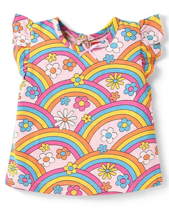 Babyhug  Single Jersey Knit Frill Sleeves Capri Night Suit With Floral & Rainbow Print - Pink