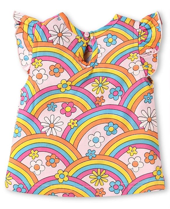 Babyhug  Single Jersey Knit Frill Sleeves Capri Night Suit With Floral & Rainbow Print - Pink