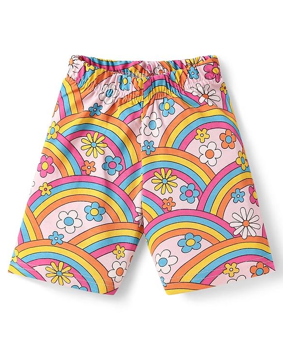 Babyhug  Single Jersey Knit Frill Sleeves Capri Night Suit With Floral & Rainbow Print - Pink