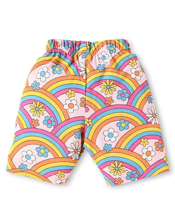 Babyhug  Single Jersey Knit Frill Sleeves Capri Night Suit With Floral & Rainbow Print - Pink
