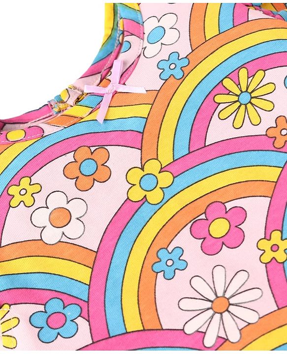 Babyhug  Single Jersey Knit Frill Sleeves Capri Night Suit With Floral & Rainbow Print - Pink