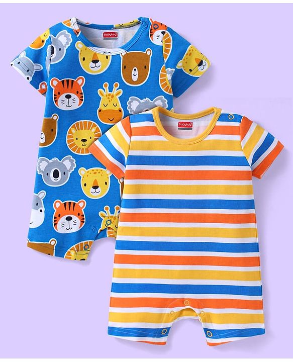 Babyhug 100% Cotton Knit Half Sleeves Rompers with Animal Print & Stripes Pack of 2 - Yellow & Blue