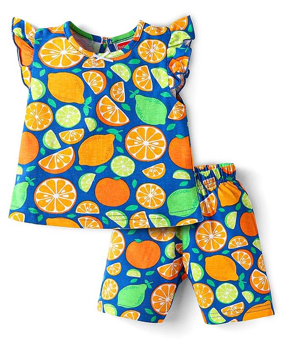Babyhug Cotton Knit Single Jersey Frill Sleeves Capri Night Suit With Citric Fruits Print - Navy Blue & Green