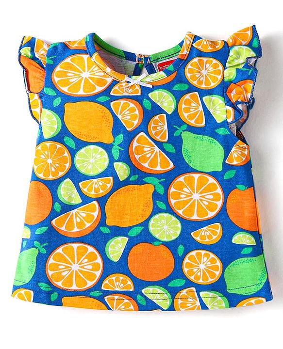 Babyhug Cotton Knit Single Jersey Frill Sleeves Capri Night Suit With Citric Fruits Print - Navy Blue & Green
