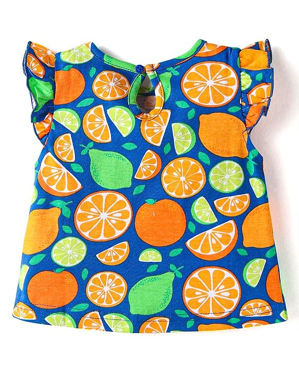 Babyhug Cotton Knit Single Jersey Frill Sleeves Capri Night Suit With Citric Fruits Print - Navy Blue & Green