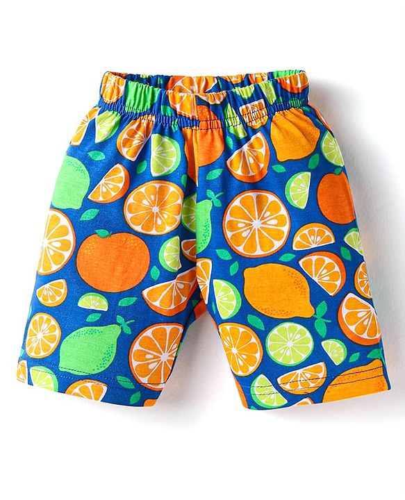 Babyhug Cotton Knit Single Jersey Frill Sleeves Capri Night Suit With Citric Fruits Print - Navy Blue & Green
