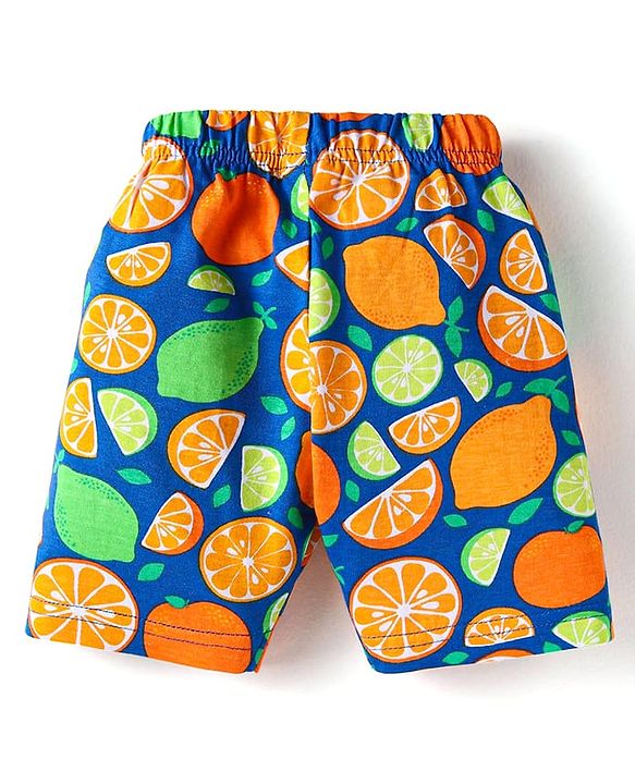 Babyhug Cotton Knit Single Jersey Frill Sleeves Capri Night Suit With Citric Fruits Print - Navy Blue & Green