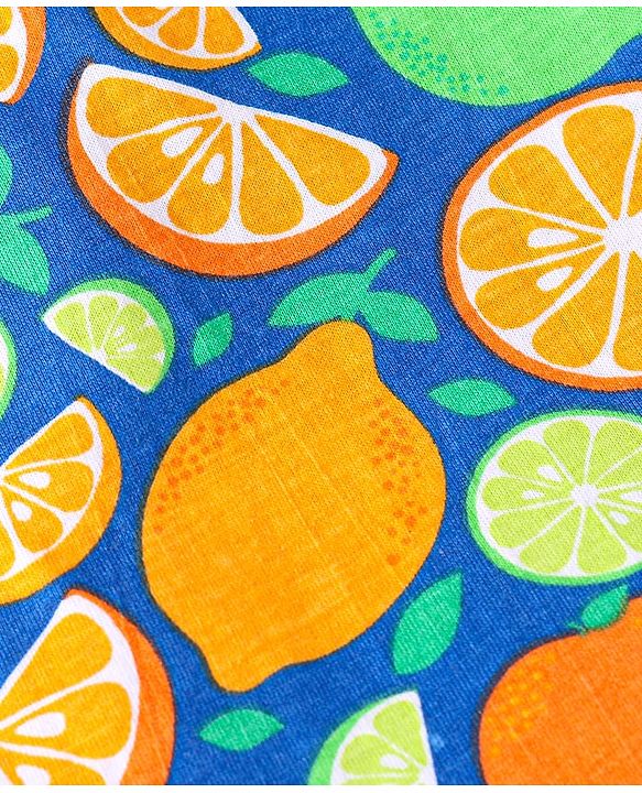 Babyhug Cotton Knit Single Jersey Frill Sleeves Capri Night Suit With Citric Fruits Print - Navy Blue & Green