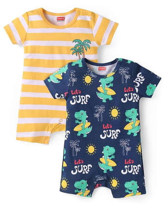 Babyhug Interlock Knit Half Sleeves Rompers With Dino Print Pack of 2 - Navy Blue & Yellow