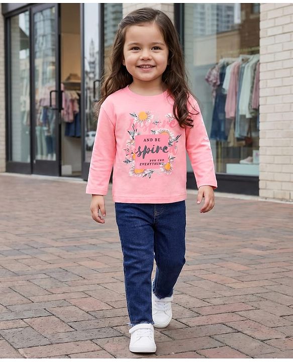Babyhug Terry Knit Full Sleeves Top & Solid Denim Jeans Set With Floral & Text Print - Pink & Blue