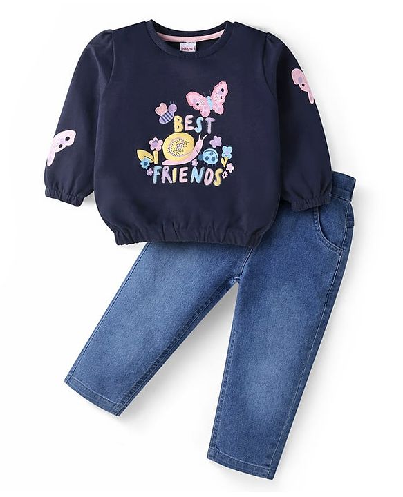 Babyhug Cotton Knit Full Sleeves Sweatshirt with Terry Embroidery & Holographic Foil Detailing - Teal main image 1