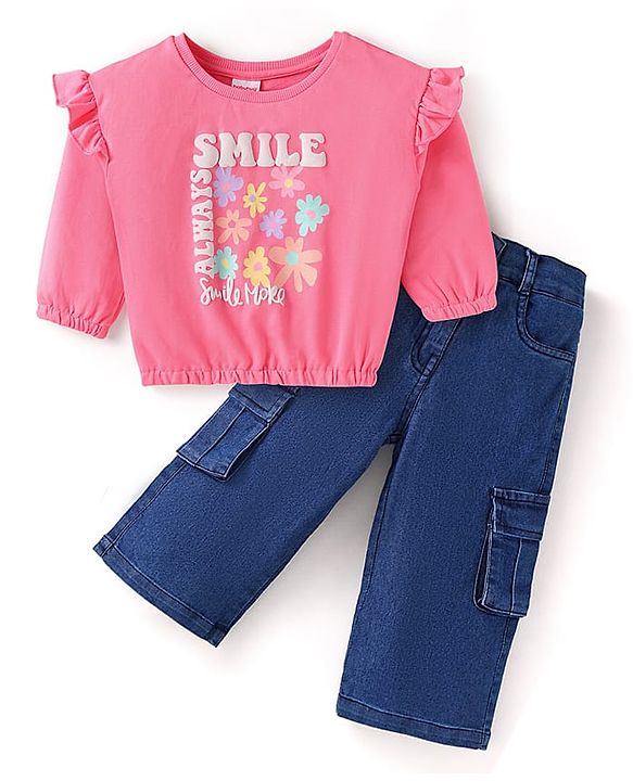 Babyhug Terry Knit Full Sleeves Top & Solid Denim Jeans Set With Floral Print & Frill Detailing - Pink & Blue
