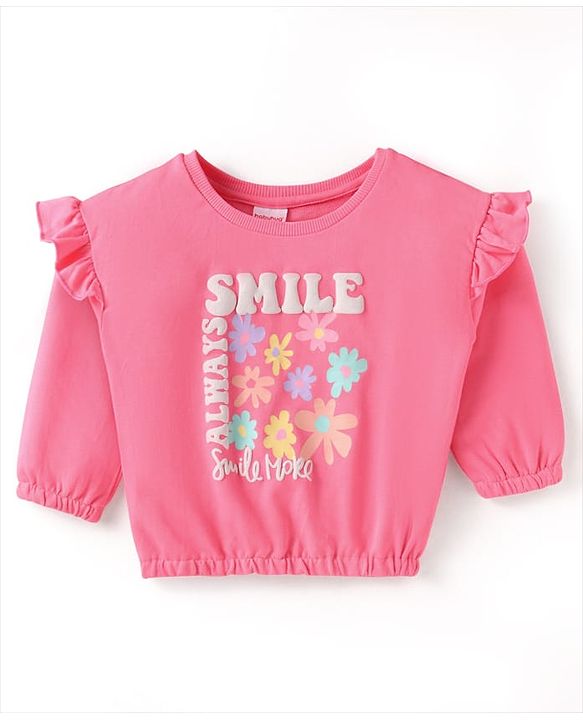 Babyhug Terry Knit Full Sleeves Top & Solid Denim Jeans Set With Floral Print & Frill Detailing - Pink & Blue