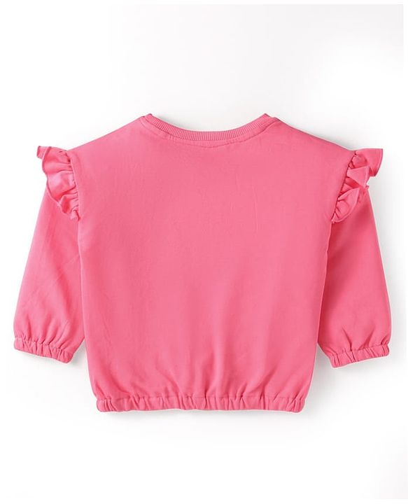 Babyhug Terry Knit Full Sleeves Top & Solid Denim Jeans Set With Floral Print & Frill Detailing - Pink & Blue