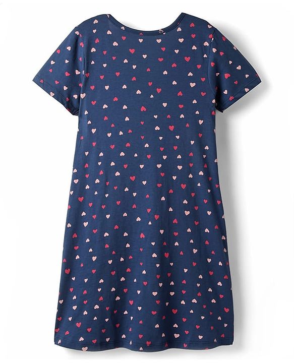 Pine Kids Single Jersey Knit Half Sleeves Night with Hearts & Text Puff Print - Navy Blue