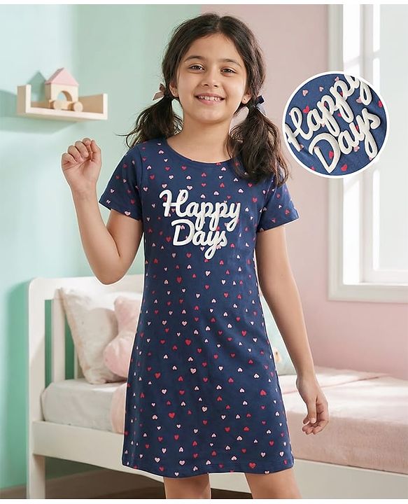 Pine Kids Single Jersey Knit Half Sleeves Night with Hearts & Text Puff Print - Navy Blue