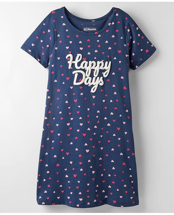 Pine Kids Single Jersey Knit Half Sleeves Night with Hearts & Text Puff Print - Navy Blue