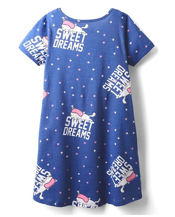 Pine Kids Single Jersey Knit Half Sleeves Nighty with Sweet Dreams Text Print - Navy Blue