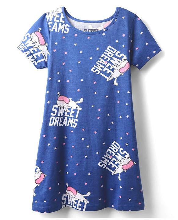 Pine Kids Single Jersey Knit Half Sleeves Nighty with Sweet Dreams Text Print - Navy Blue