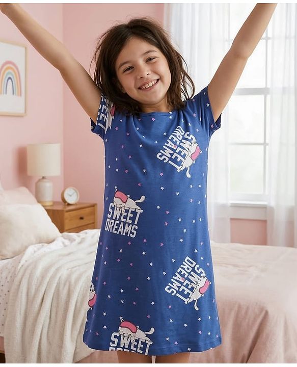 Pine Kids Single Jersey Knit Half Sleeves Nighty with Sweet Dreams Text Print - Navy Blue