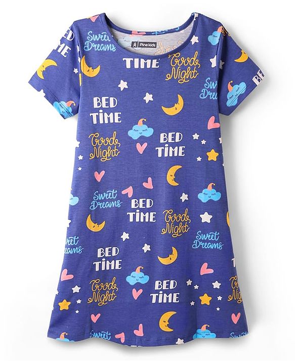 Pine Kids Single Jersey Knit Half Sleeves Night with Text Print - Royal Blue