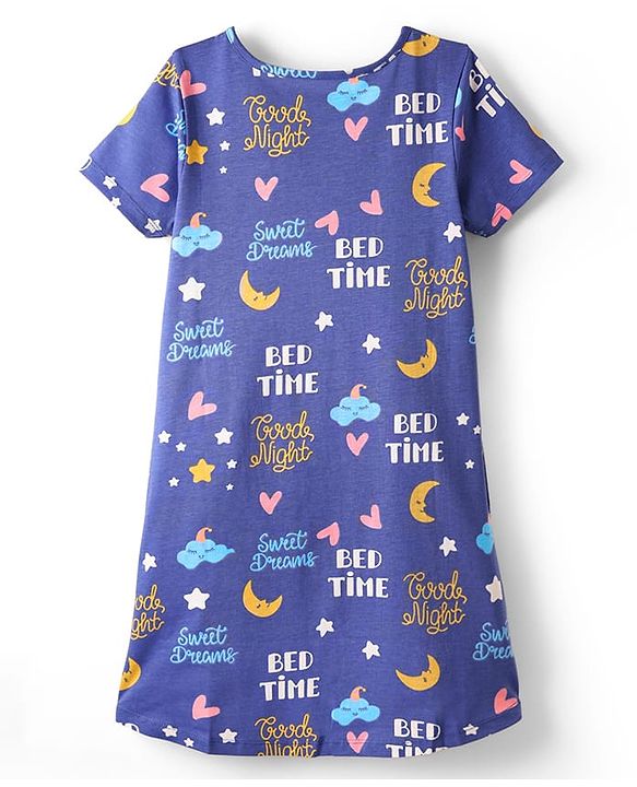 Pine Kids Single Jersey Knit Half Sleeves Night with Text Print - Royal Blue