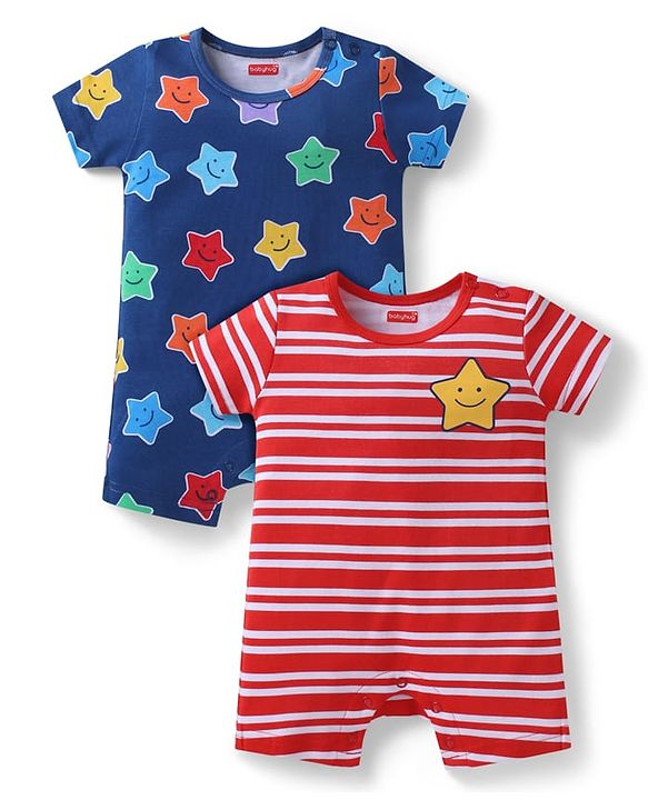 Babyhug 100% Cotton Knit Half Sleeves Rompers with Stripes & Stars Print Pack of 2 - Navy Blue & Red