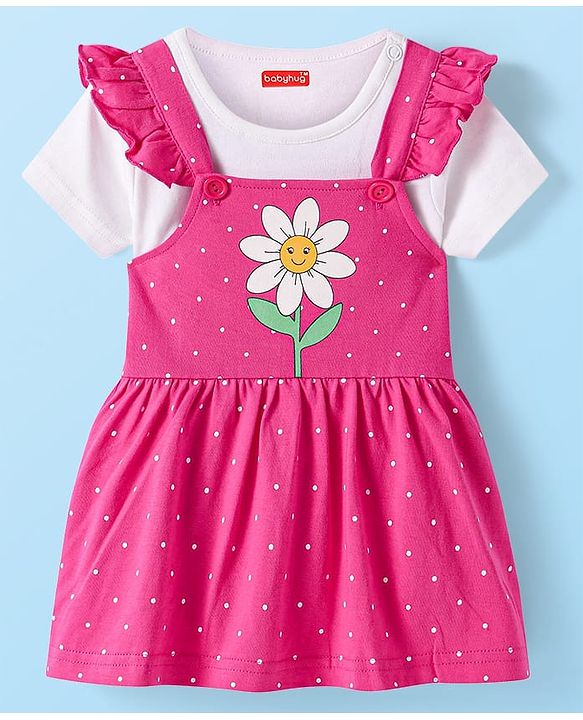 Babyhug 100% Cotton Knit Half Sleeves Solid Colour T-Shirt with Polka Dots & Floral Printed Printed Frock Style Onesie - Dark Pink