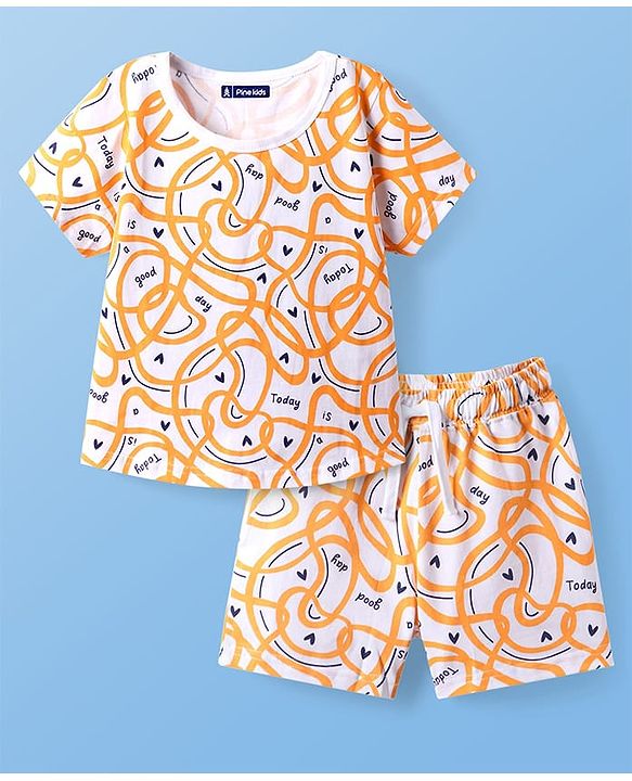 Pine Kids Single Jersey Knit Half Sleeves Shorts Night Suit With Hearts Print - White